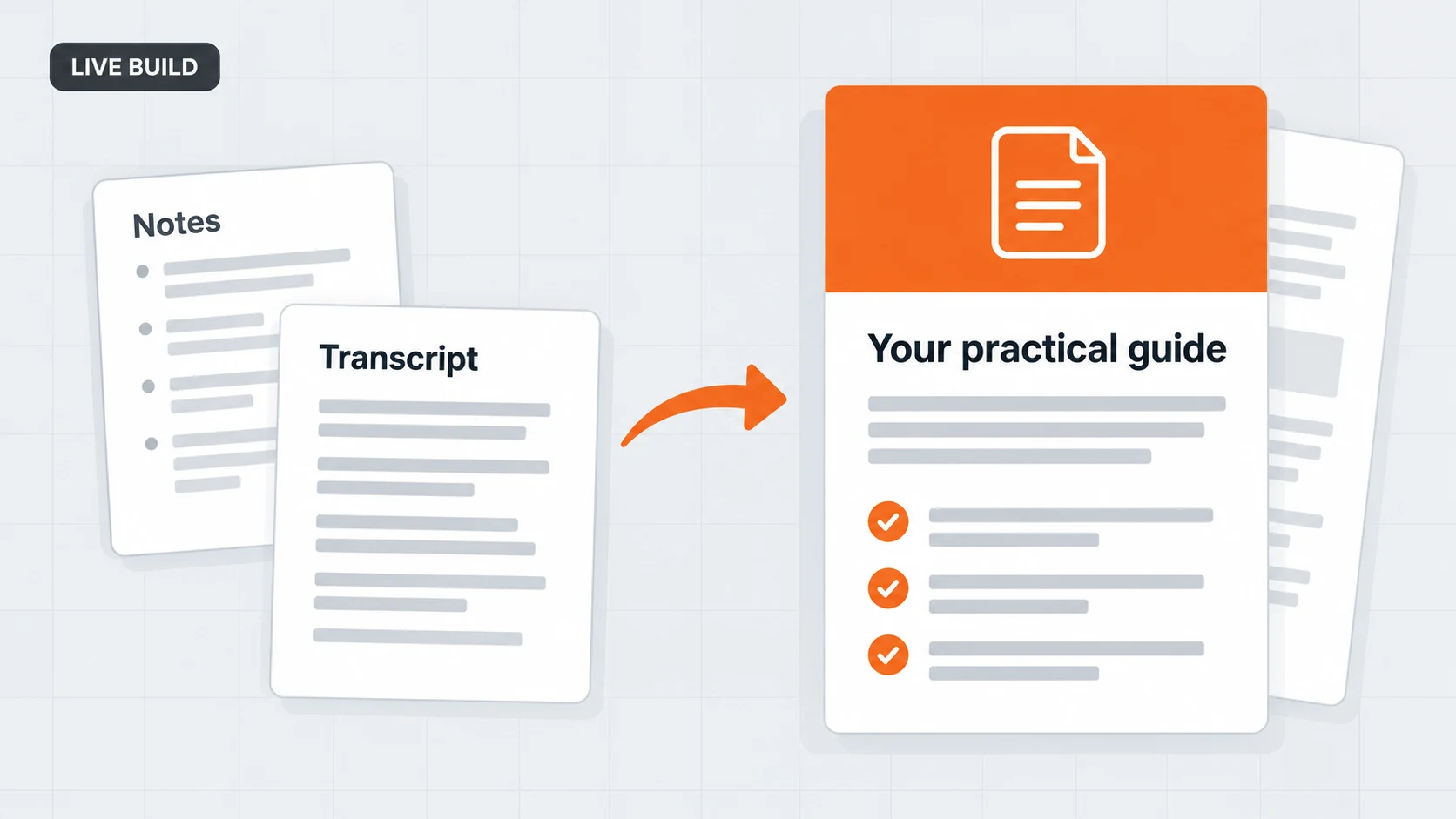 Live Build illustration: notes and a transcript become a practical guide