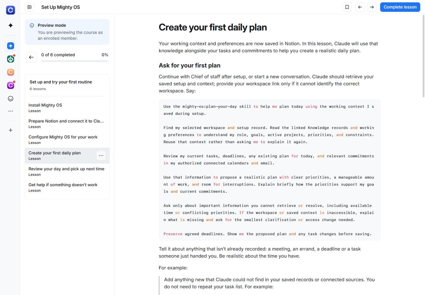 Create your first daily plan: an actual Mighty OS lesson inside the community